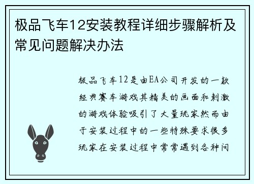 极品飞车12安装教程详细步骤解析及常见问题解决办法